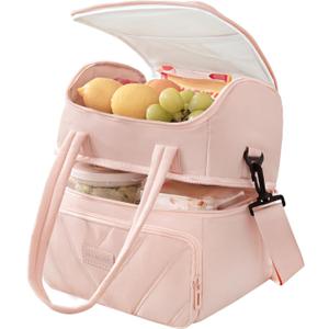 Lunch Bag for Women Double Deck 12L,Lunch Box with Straps Insulated,Leakproof Lunch Cooler with Pochets,Puffer Lunch Tote for Meal Work Picnic Beach Travel,Pink