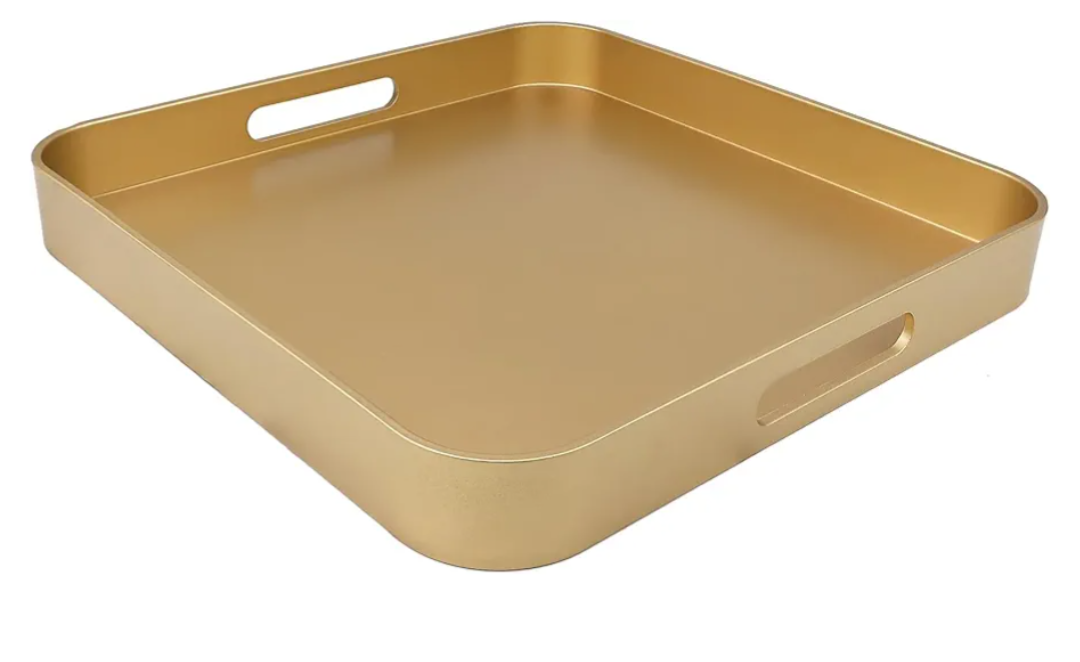 Square Gold Decorative Serving Tray with Handles, Versatile Ottoman Tray for Coffee Table, Entertaining, Outdoor Patio, Living Room, 13”*13”*1.6”