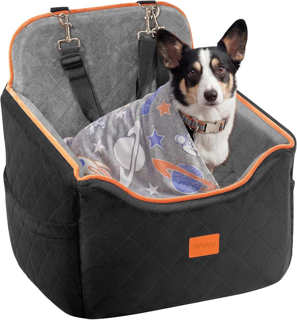 HiPetpy Dog Car Seat for Small Dog, Booster Seat for Dogs Under 30lb, 6" Elevated Pet Seat with Pockets, Anti-Slip Bed for Car, Perfect for Front & Back Seats with Safety Leash (Black/Grey, Medium)