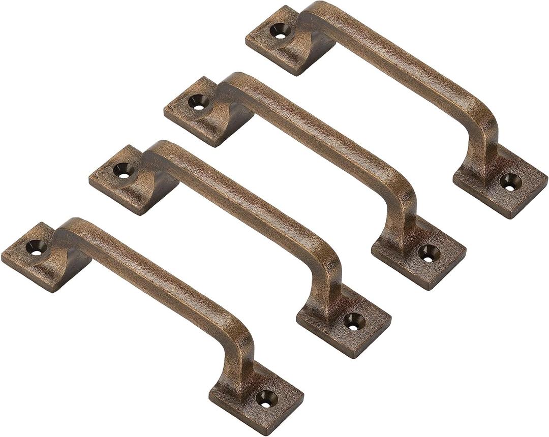 CRAFTSMAN ROAD Antique Brass Cast Iron Pull Handles 6 inch (Squared Base, Set of 4) - Cabinet Door Handles, Gate Handle Pull, Barn Door Hardware, Grab Handles