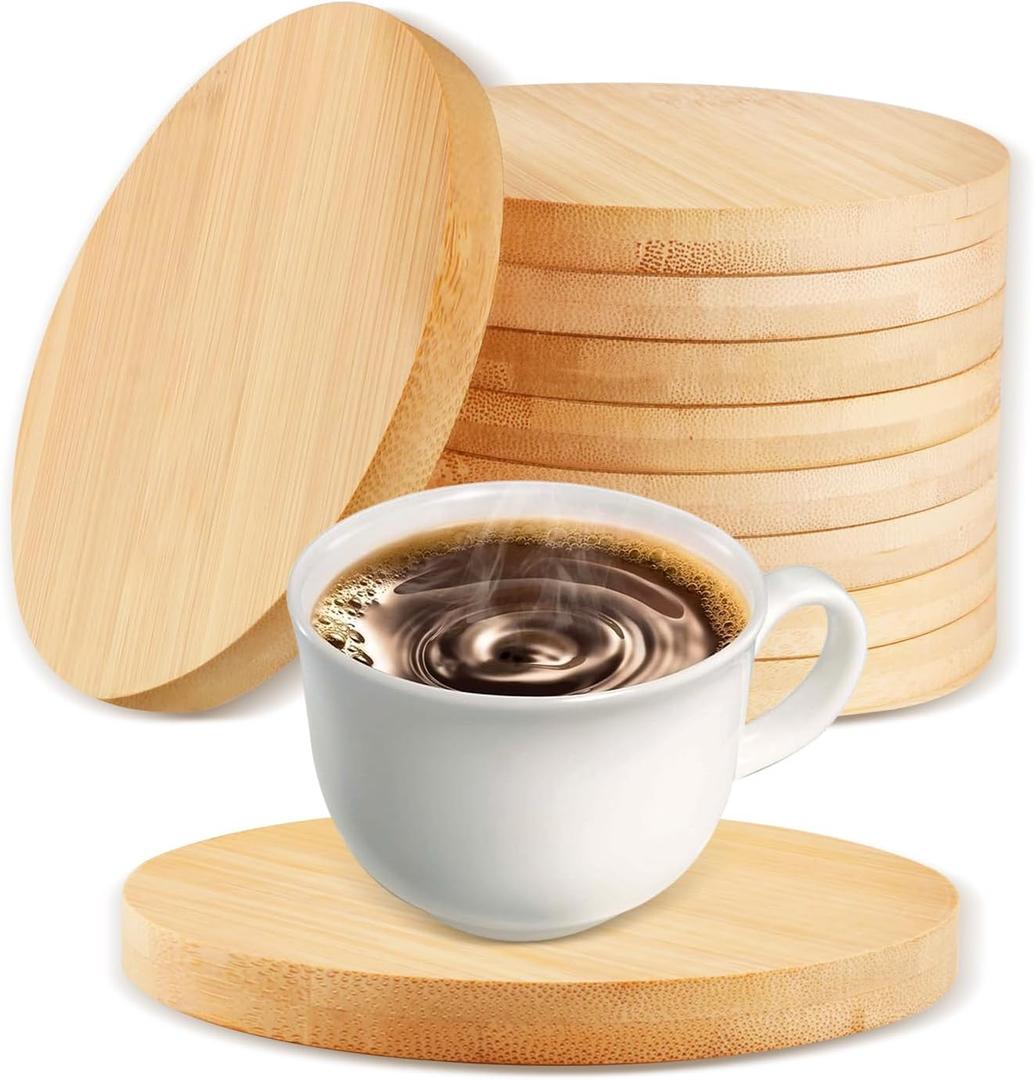10 Pcs 5.3inch Bamboo Coasters Round Bamboo Coaster Tabletop Planters Protection for Drinks Coffee Dining Table Bar Painting Wood Engraving Home Decoration