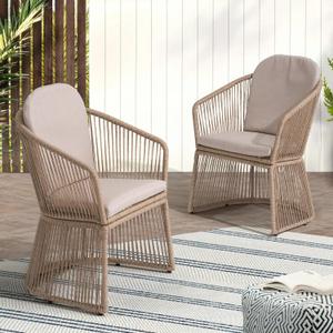 SUNSITT Patio Chairs Set of 2, Woven Wicker Outdoor Dining Chairs w/Weather-Resistant Cushions, Modern Bistro Chairs Set of 2 w/Curved Armrest Beige for Garden Balcony Backyard