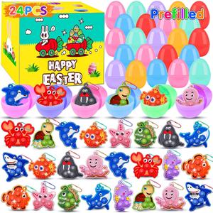 Kiss Monkey 24 Pack Prefilled Easter Eggs with Toys,2.7inch Easter Eggs Filled with Sea Animal Pop Toys,Easter Basket Stuffers for Kids,Prefilled Eggs for Easter Egg Hunt