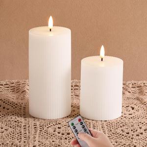 White Ribbed Flameless Pillar Candles with Remote, Flickering LED Wax Candles Battery Operated Set of 2