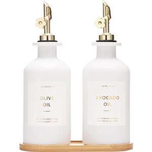 HOMCDALY Olive Oil Dispenser for Kitchen, 11.8oz Glass kitchen Dispenser Bottle, Gold Oil&Vinegar Cruet Set, Leakproof Oil Containers for Cooking| Set of 2 (11.8oz  Gold) (White&Gold Spout+Tray)