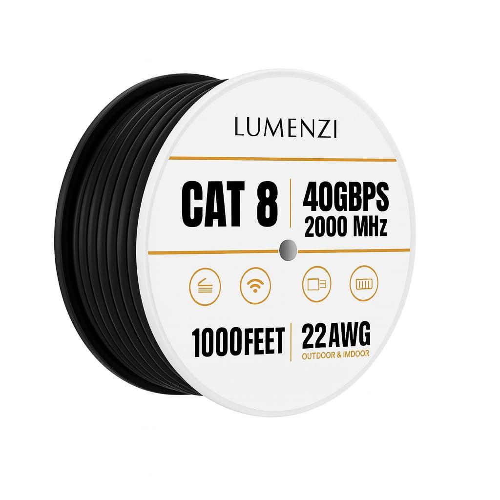 Cat8 Ethernet Cable 1000ft Bulk Round, 22 AWG, Solid 100% Bare Copper, Black, Up to 40Gbps, 2000MHz, S/FTP Shielded LAN Network Cable Spool, PoE Compatible for Indoor/Outdoor, Gaming, Router, Laptop