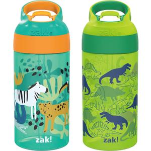 Zak Designs 16oz Riverside Kids Water Bottle with Spout Cover and Built-in Carrying Loop, Made of Durable Plastic, Leak-Proof Design for Travel (Dino Camo & Safari, Pack of 2)