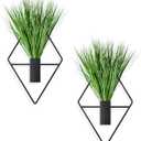 Cute Set of 2 Small Wall Hanging Planters, 10x5 Inch Mini Geometric Wall Vase with Artificial Plants, Compact Boho Farmhouse Decor for Bathroom, Living Room, Bedroom, Office (Black)