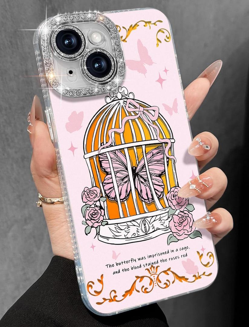 Toycamp for iPhone 14 Plus Case - Aesthetic Cute Butterflies 14 Plus Phone Case with Diamond Bling Lens Protector Laser Glitter Holographic Y2K i Phone 14 Plus Cover for Women Girls