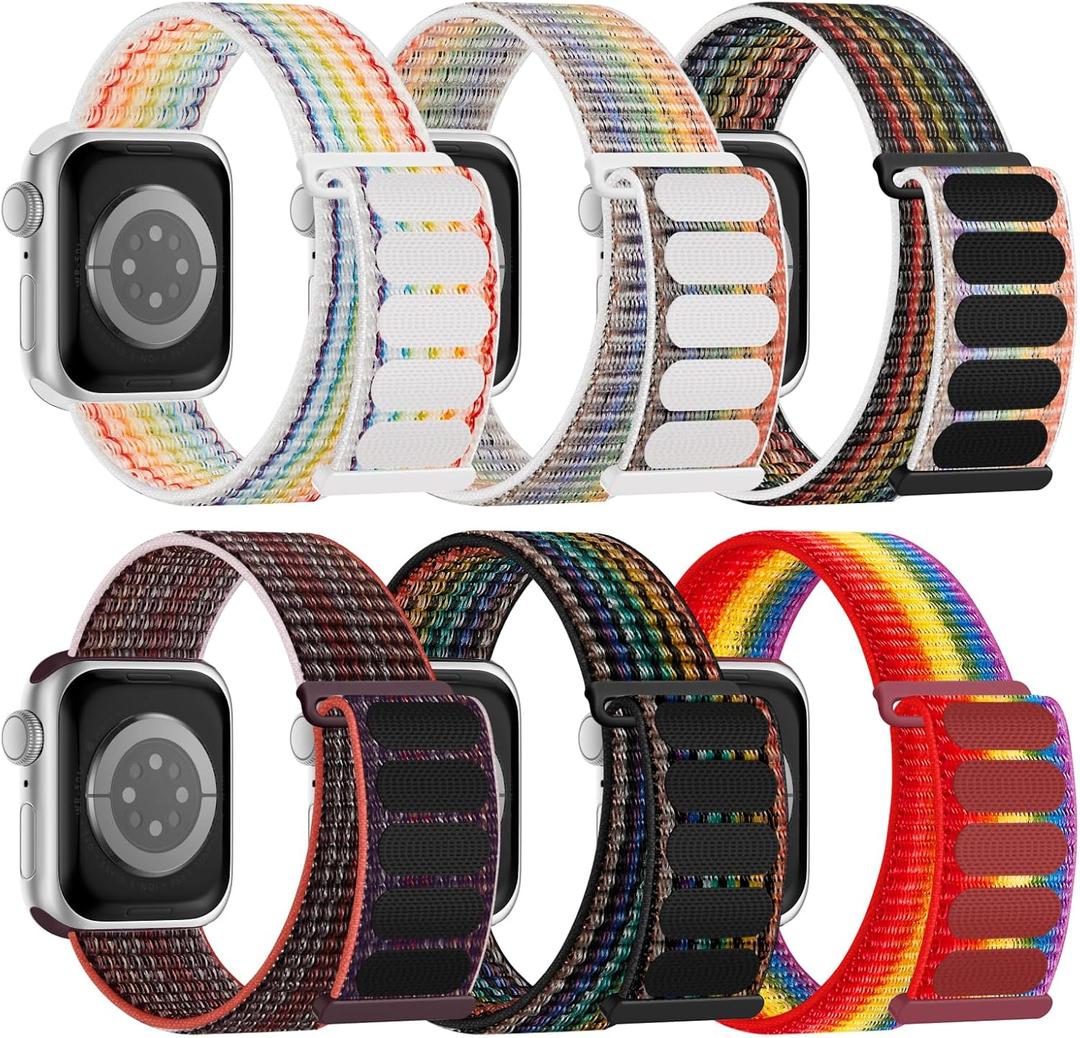 6 Pack Sport Nylon Loop Band Compatible with Apple Watch Bands for Women Men, Adjustable Breathable Braided Straps for iWatch Series 10/9/8/7/6/5/4/3/SE/Ultra (White Rainbow/Black Rainbow/Reflective Rainbow/Black White Rainbow/Rainbow/Plum Purple), Size: 38/40/41mm/42mm(Series 10)