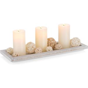 Romadedi Wooden Decorative Tray Candle Holder - 13.5 inch Wood Long Narrow Tray Home Decor Small Rustic Farmhouse Centerpieces Trays for Coffee Table Dining Room Living Room, Whitewashed
