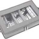Flatware Utensil Storage Case, Grey Silverware Storage Box Chest with Adjustable Dividers, Removable Cutlery Storage Holder with Zipper Lid for Organizing Spoon/Flatware/Knives (15.7" W X 9.8" D X 2.8" H)