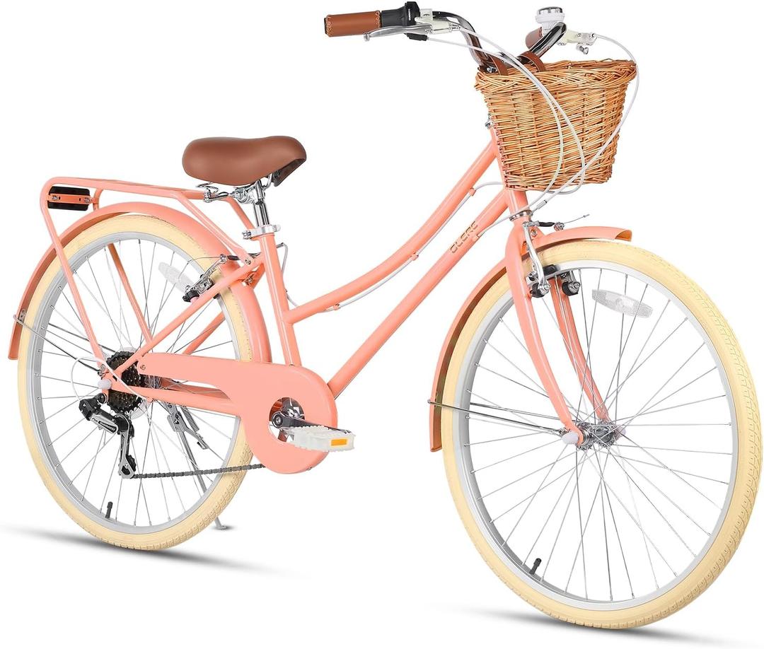 Glerc 20 24 26 Inch Beach Cruiser Bike, 6-Speed Hybrid City Bicycle for Girls Youth and Over 6 Years Old, Missy Bike with Wicker Basket & Lightweight