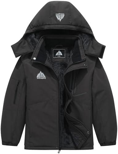 SOBAPRA Kids Waterproof Ski Jacket Warm Winter Snow Coat Boys and Girls Fleece Hooded Snowboarding Jacket, Black, Size 13-14