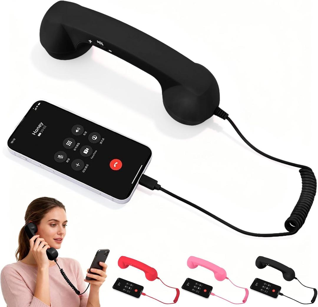 Retro Phone Handset for iPhone & Android, Cell Phone Receiver with Microphone & Speaker,Retro Phone Handset,Comfortable Retro Telephone Style Landline Handle Receiver Cell Mobile Phones (Black)
