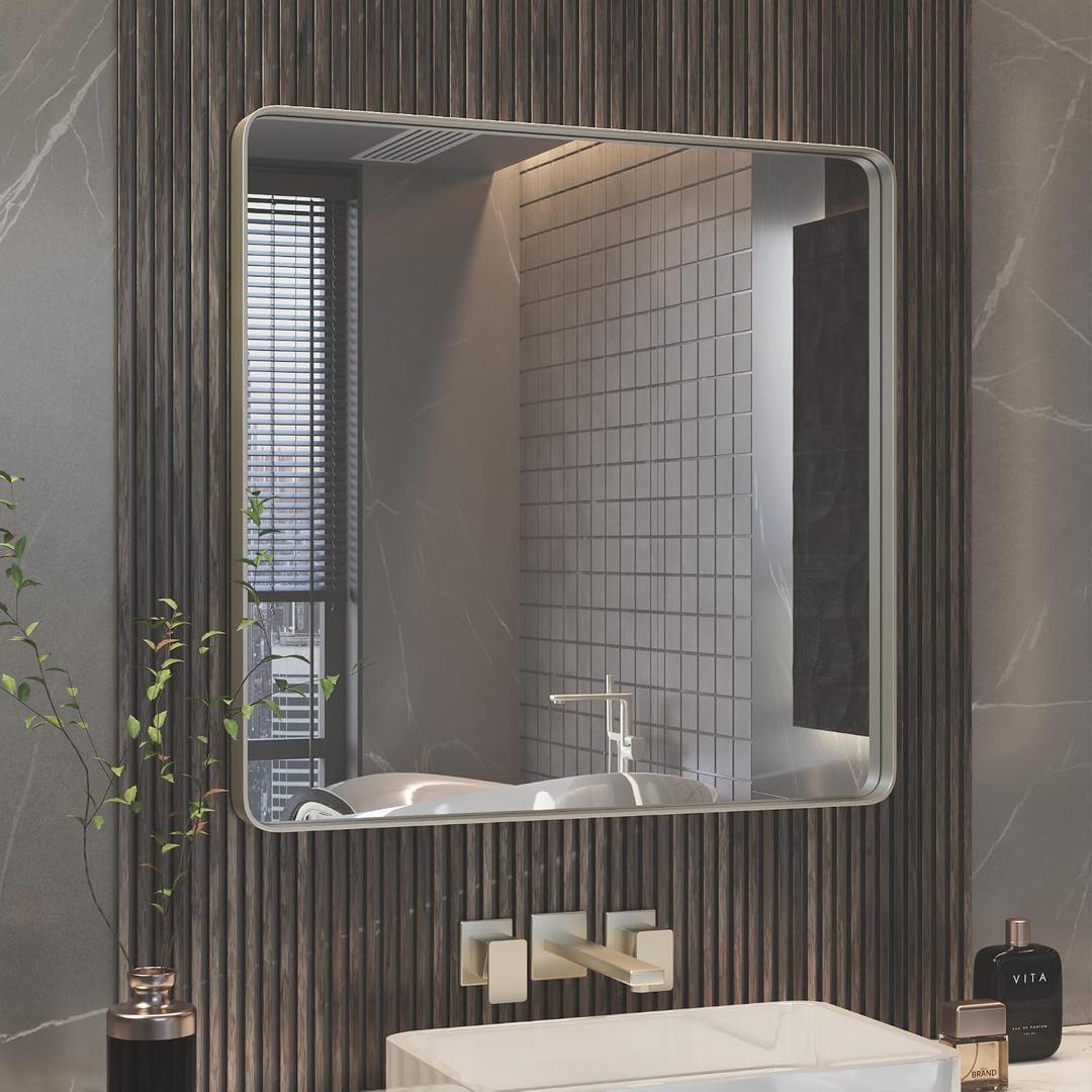 ISKM 30" x 30" Silver Framed Mirror for Wal Metal Framed Wall Mirror for Bathroom Rounded Corner Vanity Mirrors Wall Mounted Tempered Glass, Rounded Rectangle Mirror(Horizontal/Vertical)