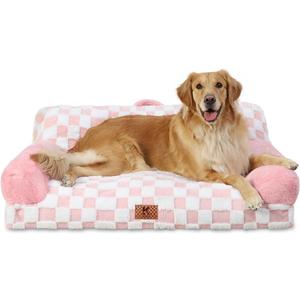 KSIIA Dog Bed Large Dog Beds with Supportive Armrests Waterproof Pet Couch Comfort Pet Sofa with Removable Machine Washable Cover & Anti-Slip Bottom, 41 x 27 in, Pink