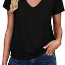 Sialois Short Sleeve Women T Shirts V Neck Tops Fashion Banded Bottom Tops Summer Spring Outfits Beach Vacation Clothes 2026 (Black, XL)