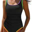 popvil One Piece Swimsuit Tummy Control Womens Bathing Suits Modest Curvy Neon Sexy Sport Swimwear (Large, Black )