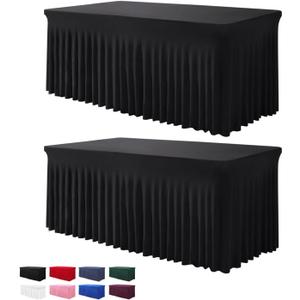 Table Skirt for 4 Foot Tables - 2 Pack One-Piece Black Tablecloths and Skirt, Wrinkle Resistant Ruffles Elastic Cover for Banquets, Weddings, Events, Parties (48" x 30" (Rectangular) 2Pack)