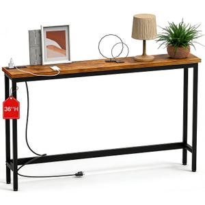 FAMIDGE 36'' Console Table with Outlet, Sofa Table, Behind Couch Table, Narrow One-piece Tabletop for Entryway Hallway, Living Room, Brown