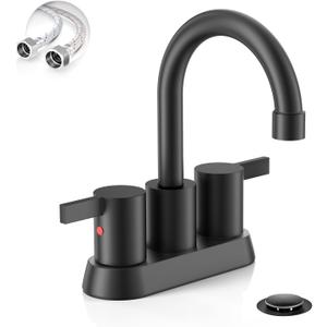 Phiestina 4 Inch 2 Handle Centerset Matte Black Lead-Free Modern Bathroom Faucet, 360 Swivel Spout 2-3 Hole RV Bathroom Vanity Sink Faucet with Pop Up Drain and Water Supply LinesBF015-1-MB