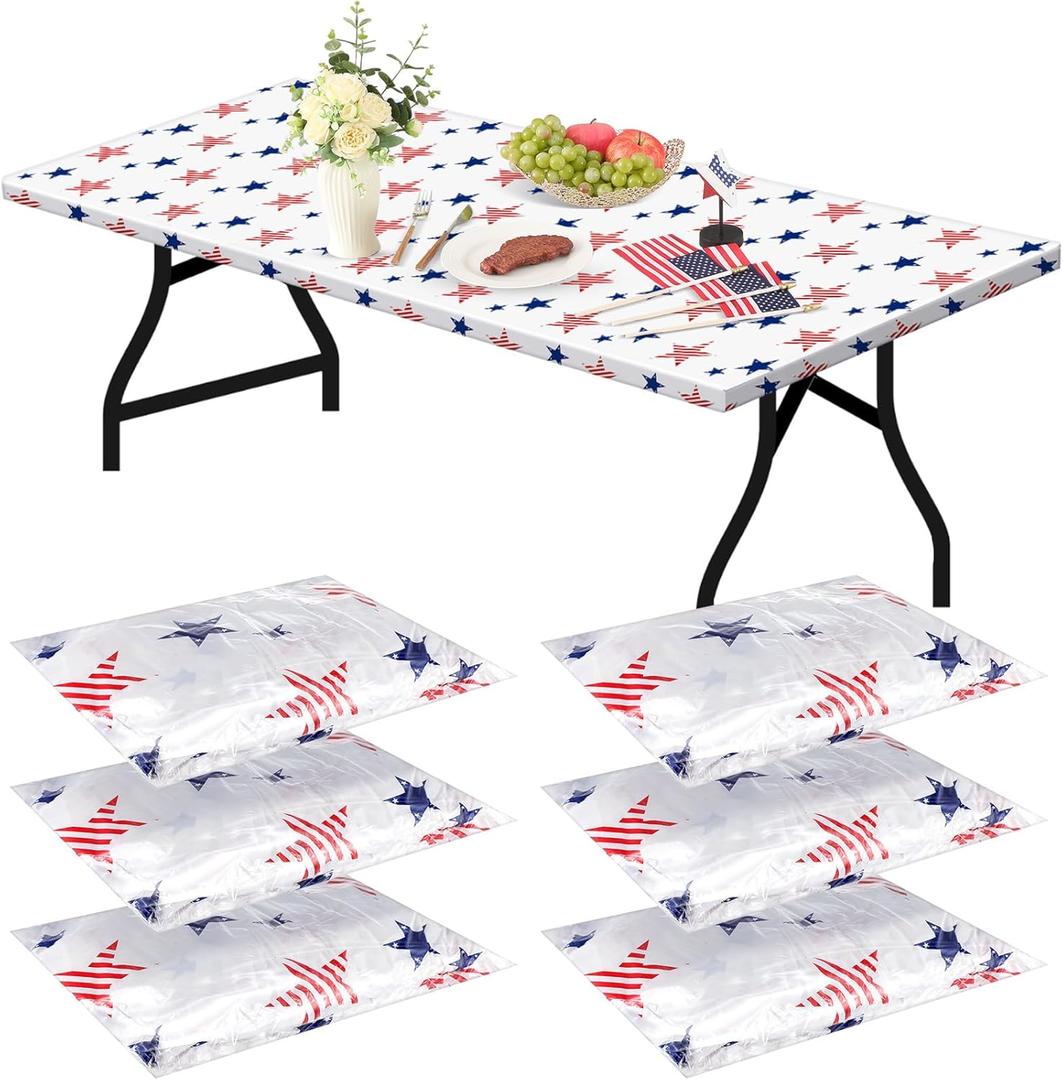 Boao 6 Pcs 4th of July Picnic Table Cover 72 x 30 Inch for 6 ft Tables Independence Day Disposable Table Cloth with Elastic Fitted Rectangle Waterproof for Memorial Day Patriotic Party Supplies
