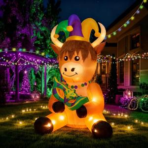 Shappy 6 ft Huge Mardi Gras Inflatable Outdoor Decoration Mardi Gras Blow up Highland Cow Decor with LED Lights Highland Cow Inflatable Decor Carnival Yard Decoration for Lawn Party Supply