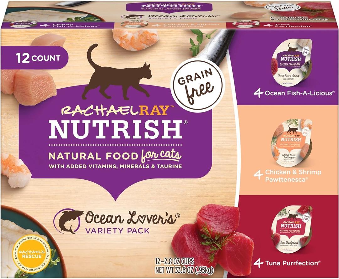 Rachael Ray Nutrish Natural Wet Cat Food, Ocean Lovers Variety Pack, 2.8 Ounce Cup (Pack of 12), Grain Free (EXP 11/14/26)