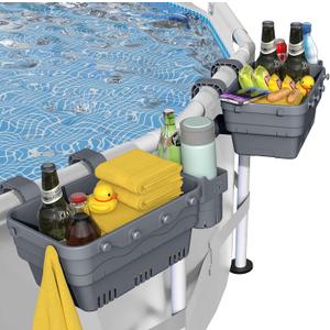 Poolside Storage Basket for Above Ground Pools, Above Ground Pool Accessories, Swimming Pool Storage Basket with Pool Cup Holder, Versatile Organization for Pool Accessories(2 Pack) (Gray)