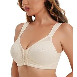 HACI Women's Front Closure Posture Bra Full Coverage Back Support Wireless Unpadded(Nude, 42C)