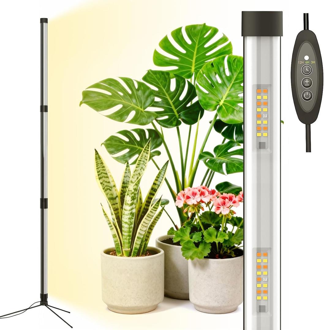 55W Standing Grow Light for Indoor Plants, 47-Inch Full Spectrum Vertical Plant Light with Stand, Auto Timer for Large Houseplants, Indoor Garden Rack, Covered Balcony, Indoor Greenhouse
