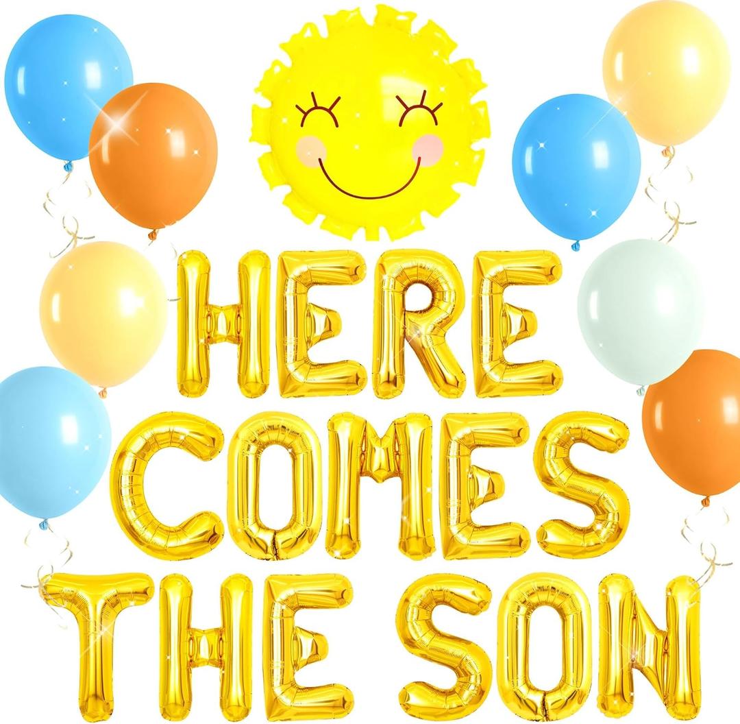 Here Comes The Son Baby Shower Banner Here Comes the Son Baby Shower Decor Blue and Yellow Balloons Backdrop Decorations Boho Sunshine Balloons