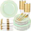 Liacere 350PCS Light Green Plates - Disposable Green and Gold Plastic Plates 50guest Baroque Dinnerware include 100Plates,50Pack Pre Rolled Napkins with Silverware 50Cups for Mother's Day