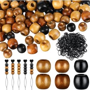 Dingion 1055 Pieces Wooden Hair Beads Set - 600 Barrel Wood Beads (9x10mm, 11x12mm, Black, Coffee, Light Coffee) & 450 Black Elastic Hair Bands with 5 Quick Beaders