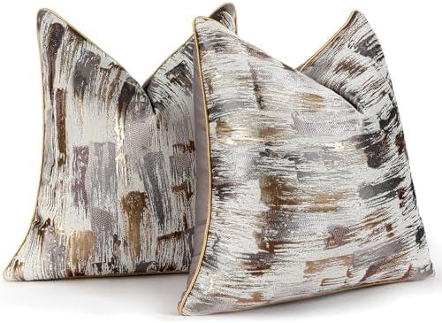 HOSTECCO Abstract Throw Pillow Covers 18x18 inch Set of 2 Gold Khaki Jacquard Pillow Cases Modern Decorative Cushion Covers for Sofa Couch Bed