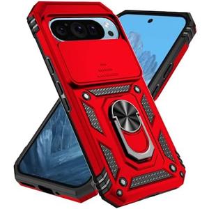 SunStory Compatible with Google Pixel 10 / Pixel 10 Pro Case with HD Screen Protector & Slide Camera Cover & Rotated Ring Kickstand, [Military-Grade] Phone Case for Pixel 10/10 Pro, Red