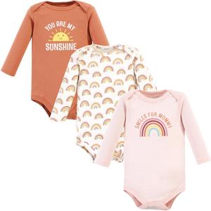 Hudson Baby baby-girls Cotton Long-sleeve Bodysuits 3-pack (3-6 Months, Sunshine Rainbows)