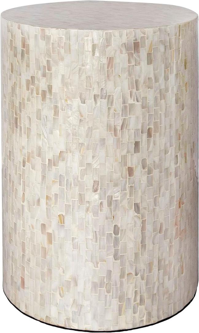 PEMAR Mother of Pearl Cylinder Drum End Table Nacre Side Stool Round Accent Table Coffee Bedside Nightstand and Vanity Stool 13" Diameter x 19.3" High Pearl White & Cream