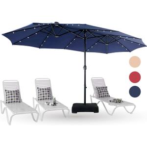 PHI VILLA 15ft Large Patio Umbrella with Solar Lights, Double-Sided Outdoor Market Rectangle Umbrellas with 36 LED Lights, Umbrella Base (Stand) Included, Navy Blue