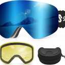 Ski Goggles, Frameless Snowboard Goggles with 2 UV400 Magnet Ski Lenses for Men & Women (Blue(vlt 16.3%) + Yellow(vlt 83%))