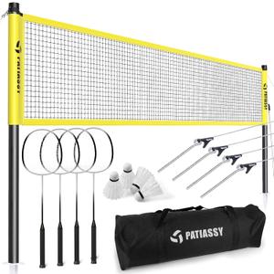 Badminton Set for Backyard, Portable Badminton Net with 4 Badminton Rackets, 4 Nylon Shuttlecocks and Carry Bag, for Lawn Beach Family Games (Yellow)