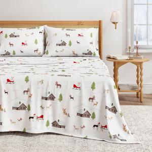 Great Bay Home Christmas Flannel Sheet Set Twin Size - 100% Turkish Cotton, Double-Brushed, Winter Bed Sheets - Ultra-Soft, Cozy, 3-Piece Holiday Bedding Set (Pups with Hats)