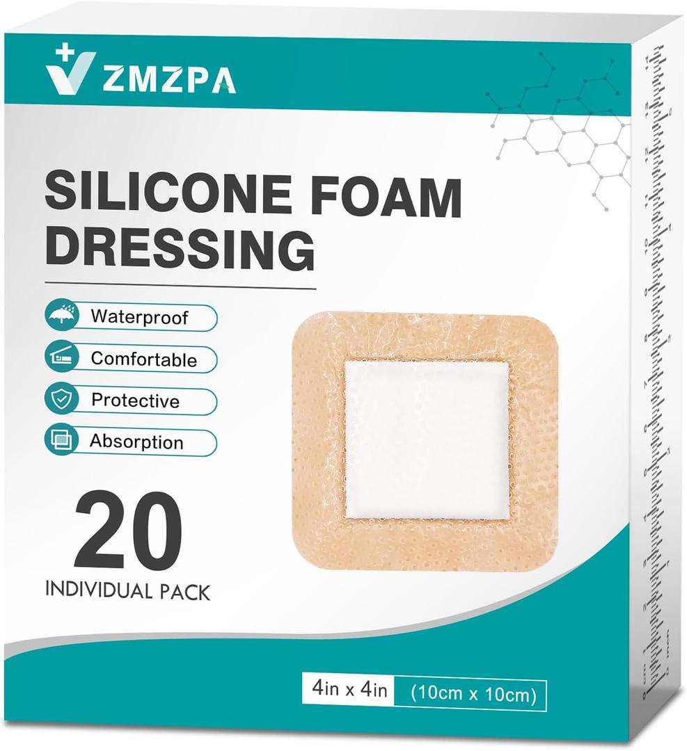 20Pcs Silicone Foam Dressing 4x4 Gentle Border, Waterproof Silicone Bandages for Wounds Care, Bed Sore Patches, Super Absorbent Wound Dressing, Self Adhesive Pressure Sore Pads