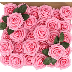MACTING Artificial Flowers 30PCS Pink Fake Flowers with Stem Real Touch Soft Foam Roses Wedding Bouquet Table Centerpieces Party Bridal Shower Birthday Home Summer Decorations