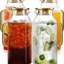 4 Pack 2 Liter/68 oz Square Glass Pitcher with Lid, Classic Stripes Water Pitchers with Handle for Fridge, Large Jug for Iced Tea, Coffee, Borosilicate Glass Carafe for Hot/Cold Brew Drink, Gold