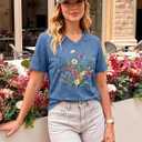 Womens Graphic T Shirts V Neck Vintage Tees Floral Tops Teacher Shirts Blue (Blue, XL)