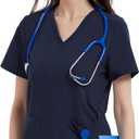 QBK Yoga Scrub Top for Women V Neck Shirt with 2 Pockets, Comfort Soft Stretch, Easy Care (Large)