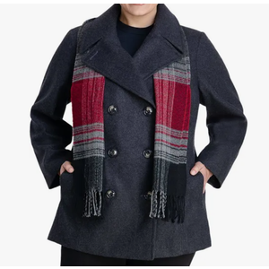 Womens Plus Scarfed Double Breasted Pea Coat 2X