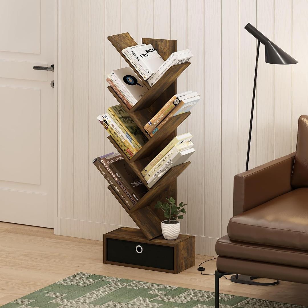Furinno 7-Tier Tree Book Shelf with Bin Drawer, Rustic Brown Bookshelf, Tree Bookcase with Storage Bin, 8.4 x 16.9 x 46.2, for Living Room, Bedroom, Home Office, Amber Oak/Black